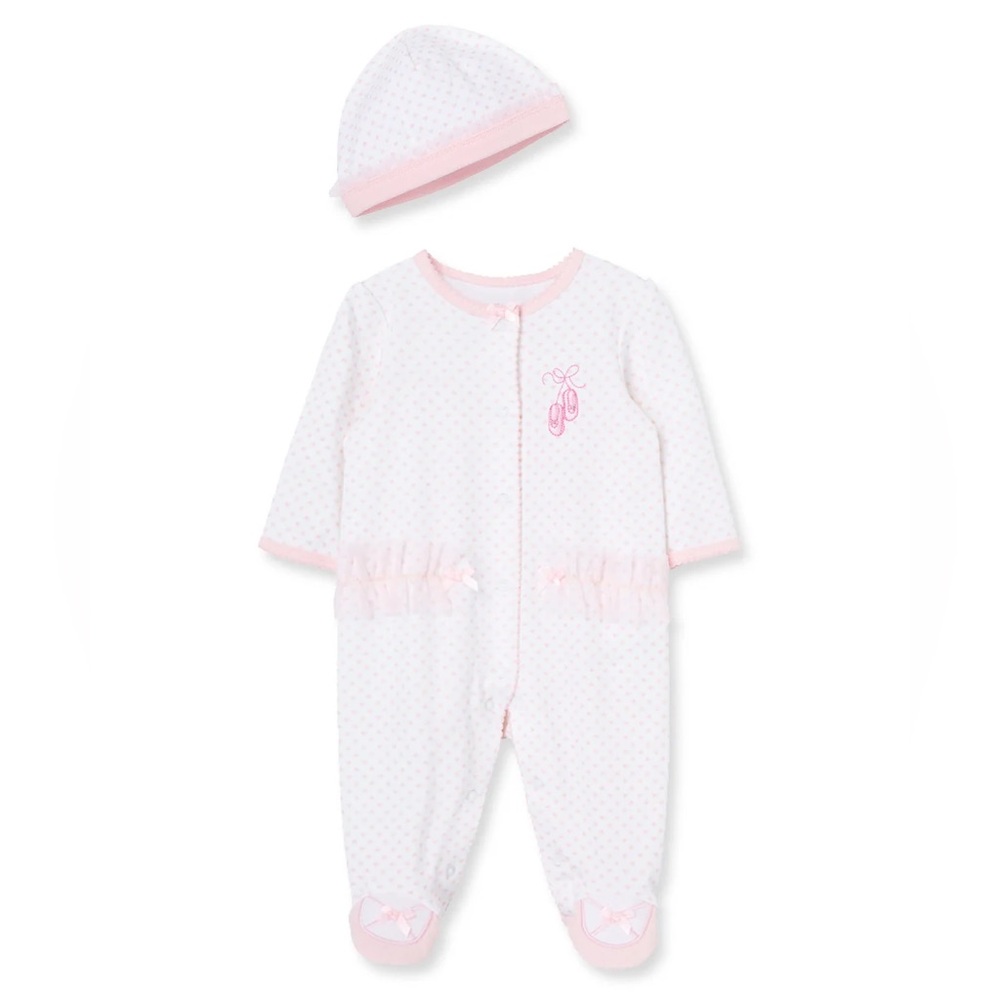 Little Me| Pink and White Ballet Footie with Matching Hat